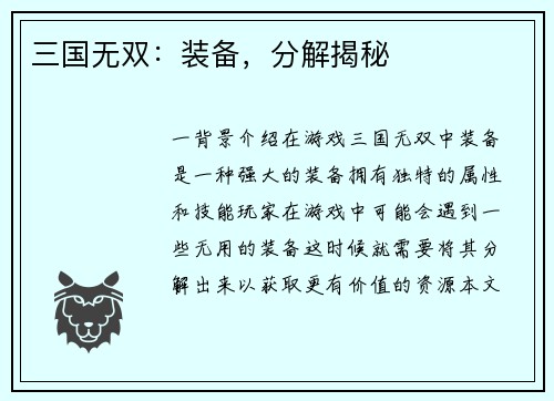 三国无双：装备，分解揭秘